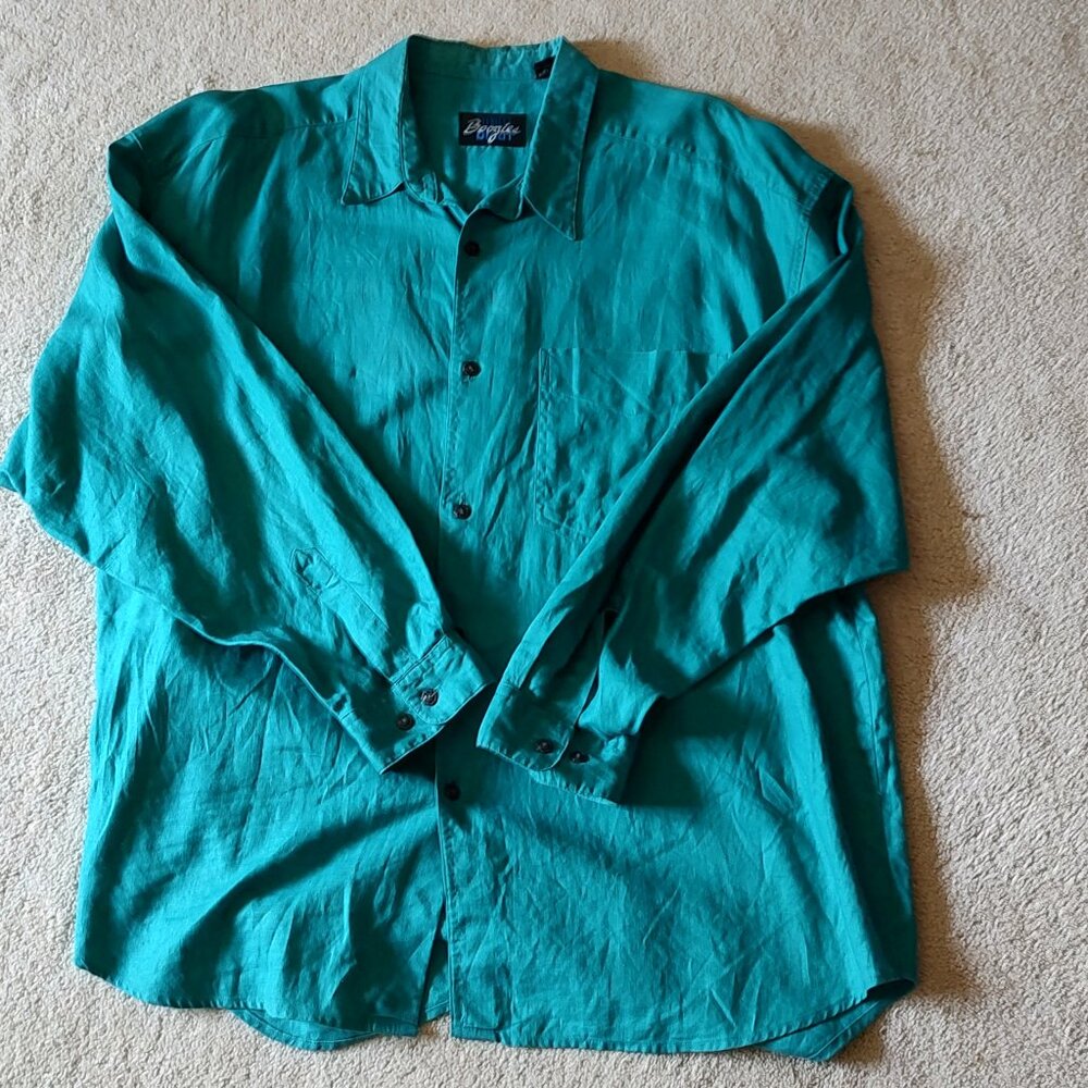 Vintage Boogies Diner Teal Long Sleeve Button Down 100% Linen Shirt XL